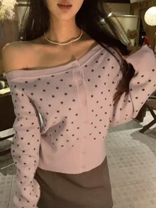 DAZY Women's Asymmetrical Shoulder Polka Dot Casual Cardigan - Pink - View 3