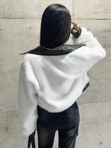 FRIFUL 女款毛絨拼接休閒街頭風性感百搭日常長袖外套 秋季夜生活 黑白配色 - 杏色 - 查看 7