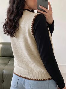 Modelyn Plus Size Shell Embroidery Metal Decor Knitted Vest Cardigan - Khaki - View 2