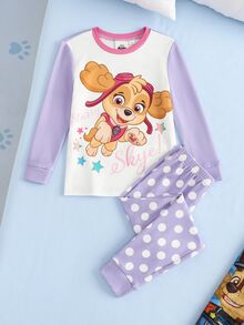 SHEIN | PAW Patrol 女童字母卡通印花長袖上衣與長褲休閒居家睡衣套裝 - 淡紫色 - 查看 1