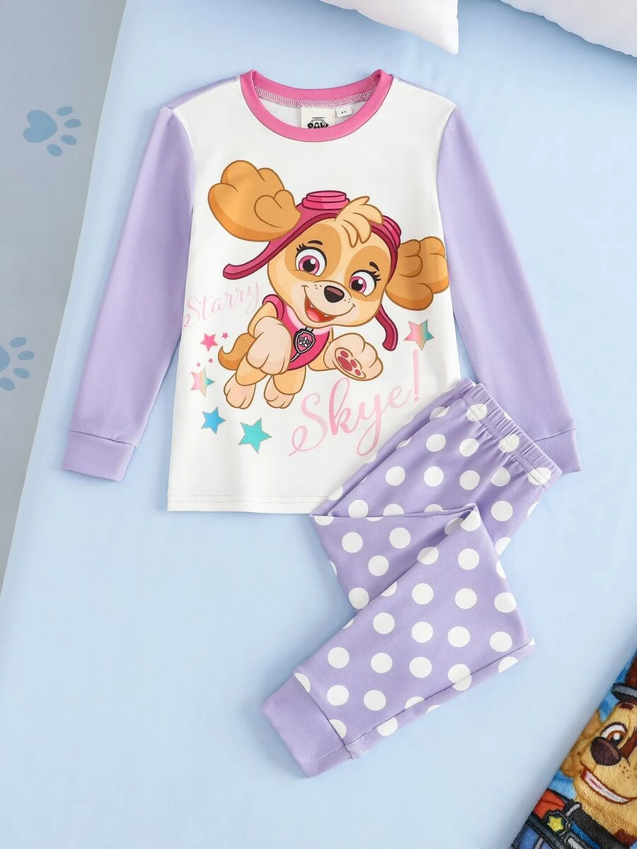 SHEIN | PAW Patrol 女童字母卡通印花長袖上衣與長褲休閒居家睡衣套裝 - 淡紫色 - 查看 1