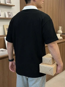 DAZY 男士短袖 Polo 衫 黑白對比色羅紋領通勤 T 恤 - 黑色 - 查看 2