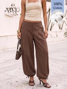 Avantive Women's Casual Commute Solid Color Lantern Pants (100% Cotton) - Brown - View 4