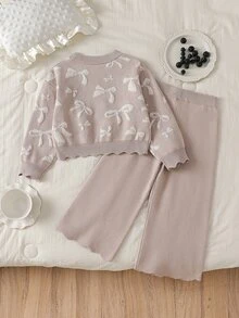 Casual Jacquard Bow Pattern Young Girl) Sweater Set - Camel - View 2