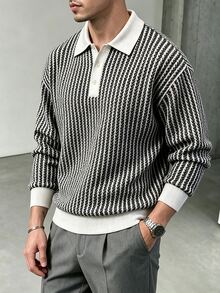 TONEVAULT Men's Striped Polo Collar Long Sleeve Casual Sweatshirt - Black and White - View 4