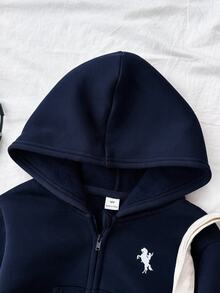 青少年女孩深灰色拉鍊連帽衛衣與運動長褲休閒套裝 - 藏蓝色 - 查看 5