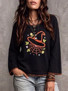 SHEIN LUNE Edisi Terbatas Halloween. Sweater Pullover Ukuran Besar Bordir Bunga - Hitam - View 1