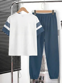 Tween Boy Casual Comfortable Fashion Minimalist Crew Neck Short Sleeve T-Shirt And Long Pants Set, Classic Color Block Stripe Pattern Print, Classic Text Label Pattern Print, Suitable For Back To School Season, Suitable For Sports - Multicolor - View 4
