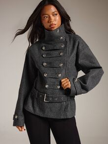 Athîral Vintage Style Solid Color Double-Breasted High Neck Women's Jacket, Autumn/Winter Commuter Women's Coat, Front Placket With Metal Buttons, Suitable For Back To School, Concerts, Casual Versatile, Napoleon Style - Dark Grey - View 4