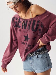 Bohemela 休閒純色針織不對稱領長袖寬鬆水洗女款衛衣 - 酒紅色 - 查看 4