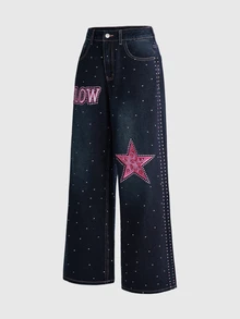 ROMWE Street Life Street Style Y2K Sweet & Cool Pink Leopard Print Star Rhinestone Wide Leg Women's Jeans - Dark Wash - View 5