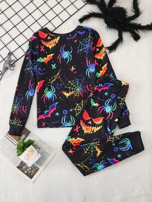 SHEIN 2件組兒童青少年男孩卡通南瓜幽靈螢光印花萬聖節休閒日常舒適圓領針織套頭睡衣上衣長褲家居服貼身套裝 - 黑色 - 查看 3