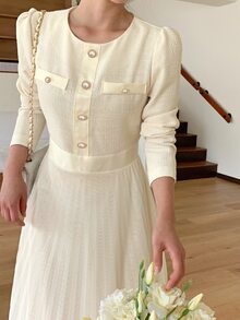 DAZY Patchwork Fitted Long Sleeve Cinched Waist Elegant Formal Korean Style Autumn/Winter Midi Dress For Women Vacation - Apricot - View 1