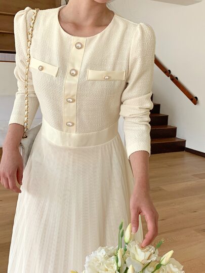 DAZY Patchwork Fitted Long Sleeve Cinched Waist Elegant Formal Korean Style Autumn/Winter Midi Dress For Women Vacation