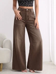 SHEIN PETITE Women's Loose Fit Denim Wide Leg Pants With Pockets And Buttons For Casual Daily Wear - Brown - View 4