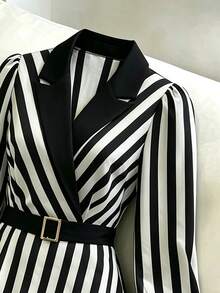 GlowEve CURVE Plus Size Casual Striped Colorblock Long Sleeve Dress - Black and White - View 4