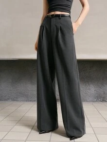 MOTF PREMIUM WOMEN'S PLEATED POCKET ELEGANT WIDE LEG SUIT PANTS FOR COMMUTING - Dark Grey - View 4