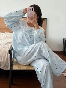SHEIN Cute Polka Dot Peter Pan Collar Pajamas For Women, Spring Summer Autumn, Lace Trim Loungewear - Baby Blue - View 5