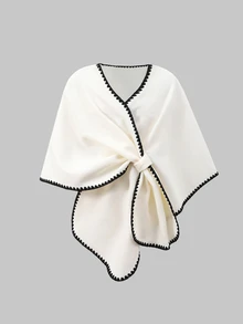 Tween Girl Vintage Fashion Shell Embroidery Shawl Collar Overcoat - Beige - View 3