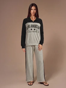 Lazeform Women's Casual Letter Print Lapel Half-Zip Contrast Color Long Sleeve Long Pants Pajama Set - Multicolor - View 6