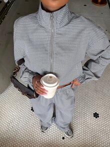 Muchica Damen Neues Herbst Lässig Karo Stehkragen Jacke und Hose Set zum Ausgehen, Streetwear, Y2K, Herbst Winter 2026 - Grau - Übersicht 5