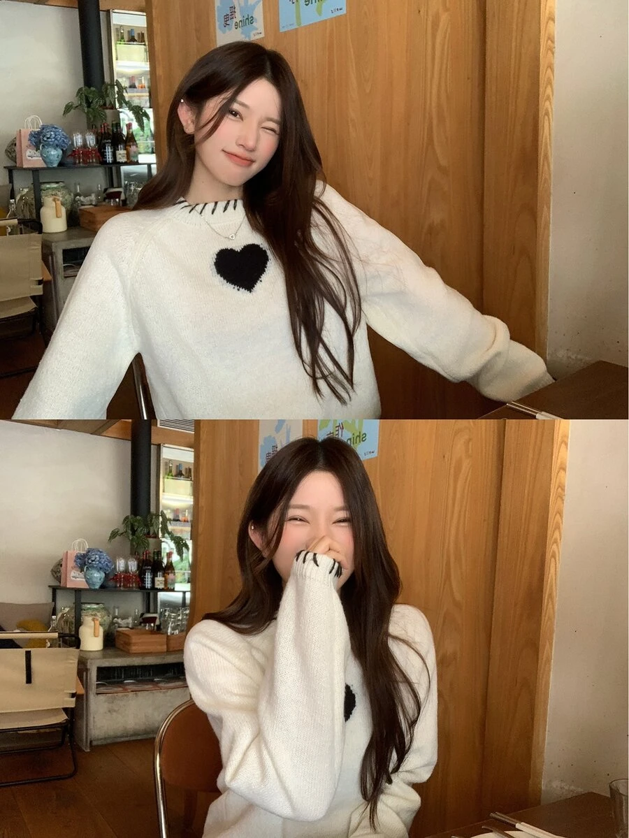 DAZY White Round Neck Black Heart Pattern Embroidered Loose Long Sleeve Casual Sweet Versatile Knit Sweater - White - View 1