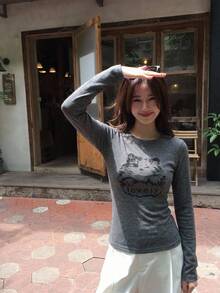 DAZY 秋冬長袖可愛貓咪卡通印花字母圖案深灰色修身底層休閒居家女款T恤 - 深灰色 - 查看 3