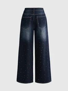 ROMWE Street Life Street Style Y2K Sweet & Cool Pink Leopard Print Star Rhinestone Wide Leg Women's Jeans - Dark Wash - View 2