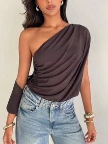 Aloruh Minimalist Commuter Elegant Sexy Versatile Premium One Shoulder Ruched Mixed Fabric Patchwork Long Sleeve 's Bodysuit - Brown - View 6