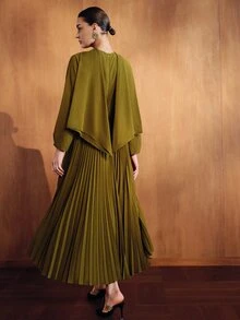 MOTF PREMIUM WOMEN'S SOLID COLOR STAND COLLAR LONG SLEEVE PLEATED HEM ELEGANT DRESS - Army Green - View 3