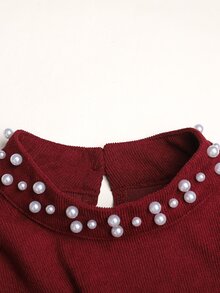 Tween女孩秋冬休閒日常通勤優雅立領不對稱泡泡長袖拼接抓皺大裙擺長洋裝 燈芯絨珠飾洋裝 酒紅色 萬聖節聖誕派對兒童洋裝 - 酒紅色 - 查看 5