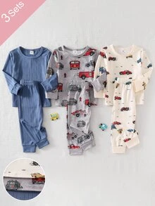 6pcs/Set Baby Boy Cartoon Car Print Ribbed Long Sleeve Top And Footed Pants Soft Casual Pajama Set, Multiple Colors Available - Multicolor - View 3
