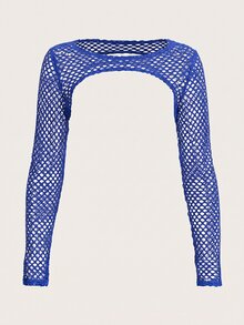 SHEIN ICON 純色魚網超短黑色上衣 - 寶藍色 - 查看 3