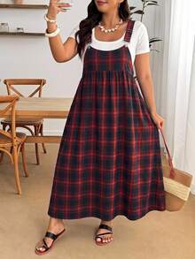 Enliva Plus Size Women's Plaid Pocket Casual Pinafore Dress - Burgundy - View 6