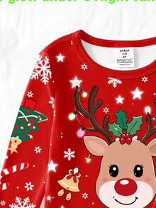Young Girls Pajamas, New Autumn/Winter Christmas Element Hot-Selling Style, UV Light Glow-In-The-Dark Christmas Deer Head, Snowflake, Christmas Tree, Bell Combination Pattern, Round Neck High Elastic Top And All-Over Print Long Pants 2 Pieces Set, Snug Fit, 1 Set - Multicolor - View 6