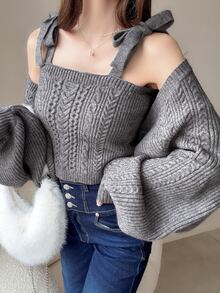 FRIFUL Women's Solid Color Tie-Strap Knit Camisole Cardigan 2 Pieces Set Brunch Grey Autumn Elegant - Grey - View 4