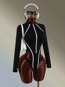 Amplova Women's Seamless Long Sleeve Mock Neck Sports Jumpsuit - Black and White - View 4