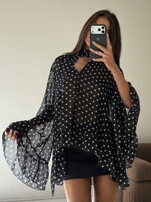 Aloruh Women's Polka Dot Casual Daily Long Sleeve Top - Black - View 6