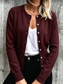 SHEIN كارديجان نسائي محبوك بلون موحد وأكمام طويلة وأزرار أمامية كاجوال - عنابي اللون - مشاهدة 4