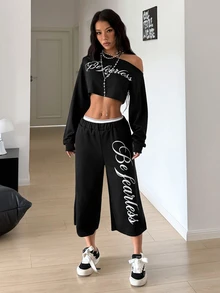 StreetHx Sexy Asymmetrical Shoulder T-Shirt And Capri Pants Street Style 2 Pieces Set - Black - View 5