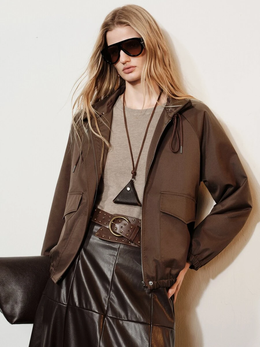 Aveloria Modichic Women's Casual Commuter Elegant Loose Fit Comfortable Top Jacket With Hood Drawstring Design, Cinched Waist, Dropped Shoulders And Long Sleeves - Coffee Brown - View 1