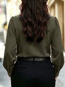 Velvienne Plus Size Elegant Long Sleeve Button-Up Blouse With Ruffle Trim For Women - Olive Green - View 2