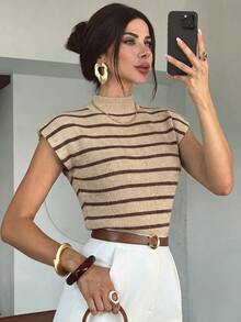 Firerie Elegant High Neck Loose Casual Versatile Sleeveless Knit Sweater Vest, Suitable For Dating, Chic - Camel - View 10