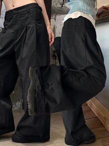 DAZY 女款米色卡其高腰百褶設計寬鬆直筒寬腿休閒百搭工裝褲 秋季 - 黑色 - 查看 4