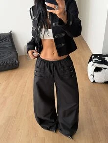 Coolane 女款四季通用返校外出休閒性感Y2K時尚街頭風龐克風口袋黑色寬腿長褲秋季穿搭 - 黑色 - 查看 2