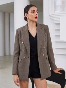 Aveloria Modichic 女款寬肩修身長版紋理西裝外套，雙排扣金色鈕扣，優雅商務老錢風，棕色千鳥格秋季女裝 - 彩色 - 查看 5