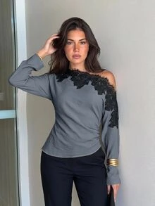 Siren Gaze Women's Asymmetrical Shoulder Lace Patchwork Pleated Elegant Top - Dusty Blue - View 9