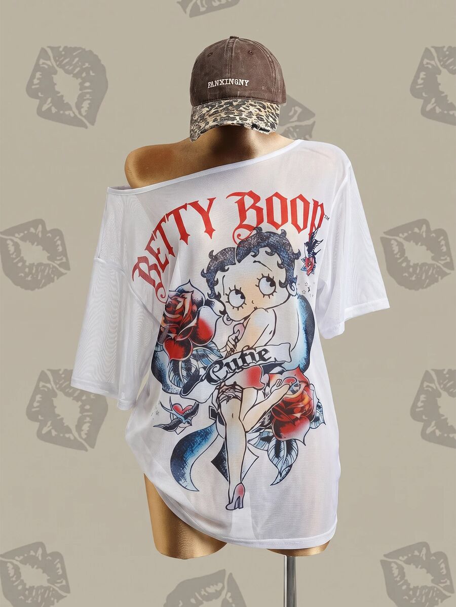 Betty Boop x SHEIN 女款字母印花不對稱肩短袖休閒上衣 - 白色 - 查看 1