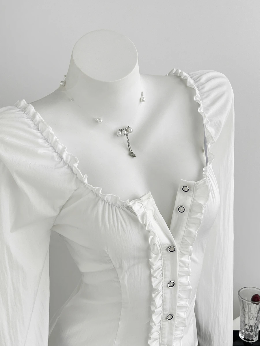 Mori Grove Mori Grove Minimalist Pure Sweet Ruffle Trim Square Neck Petal Sleeve Long Sleeve Blouse For Women - White - View 1