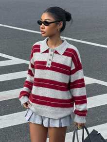 Livesso Women's Grey Colorblock Casual Preppy Everyday Long Sleeve Sweater School Autumn Winter - Burgundy - View 4